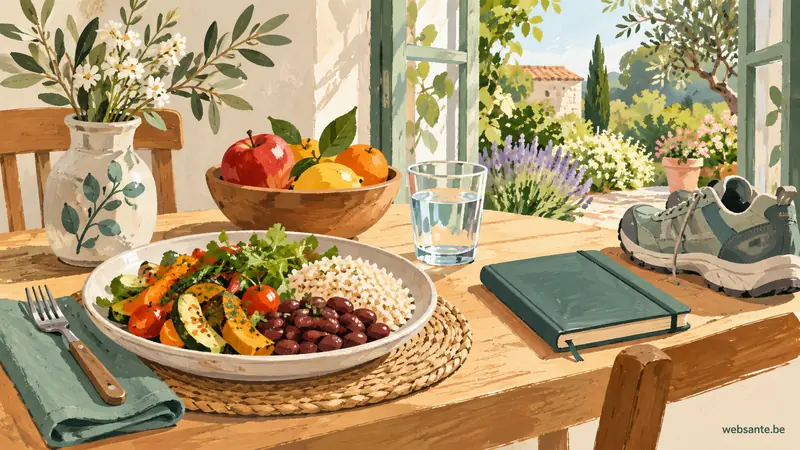 Illustration d’un repas varié, de fruits, d’eau et de chaussures de marche.