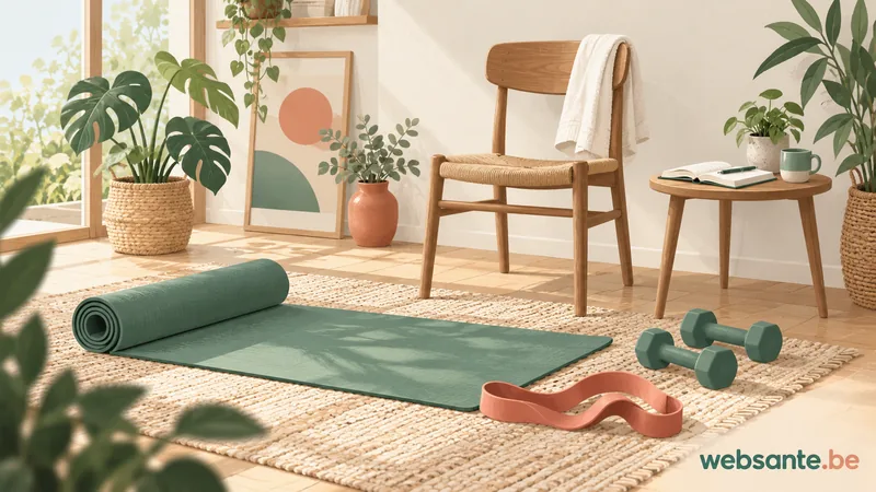 Tapis d’exercice, petits haltères, élastique et chaise dans une pièce lumineuse.