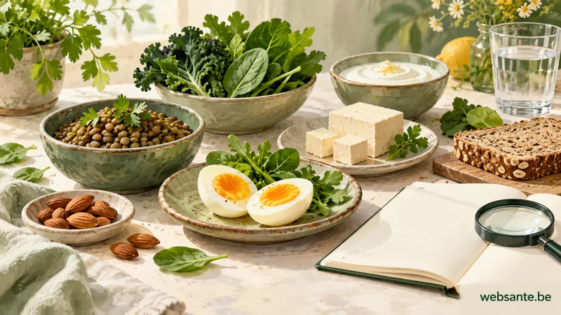 Œuf cuit, lentilles, tofu, yaourt, légumes et pain autour d’un carnet.