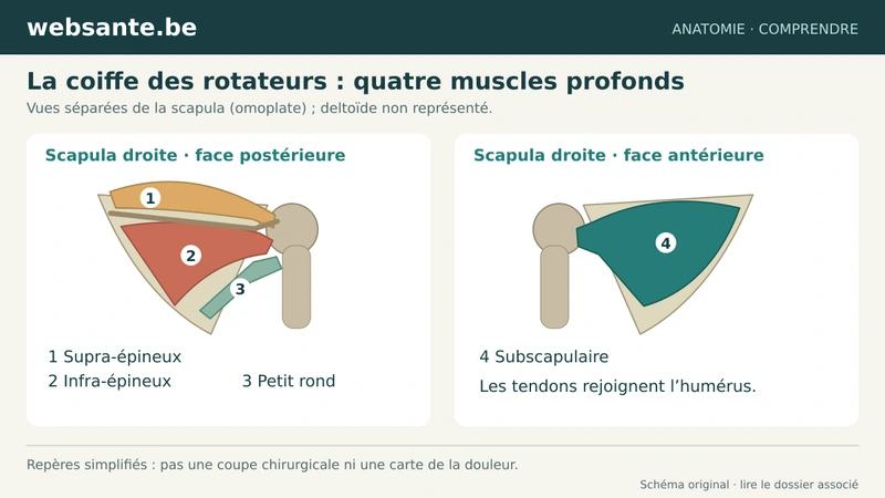 Quatre muscles de la coiffe répartis sur les faces avant et arrière de la scapula.