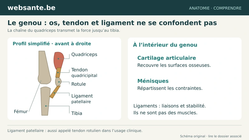 Quadriceps relié à la rotule puis au tibia dans un genou dessiné de profil.