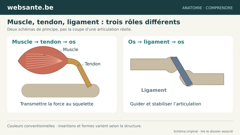 Muscle relié à un os par un tendon et ligament reliant deux os.