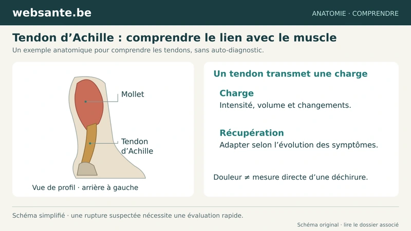 Muscles du mollet, tendon d’Achille et talon, avec repères de gestion de la charge.